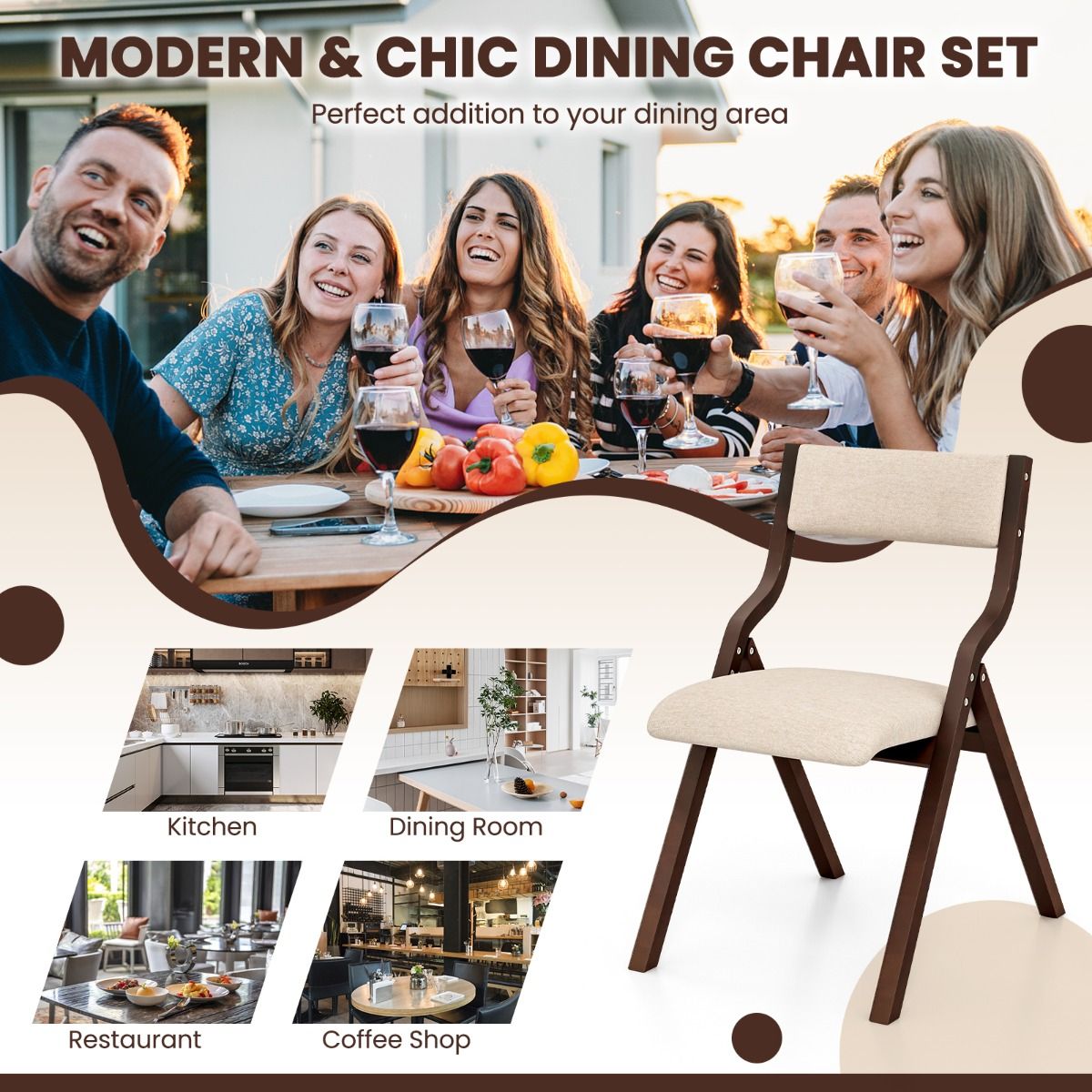 Coast Eetkamerstoelen Set van 2 - Opvouwbaar - Massief Houten Frame - Koffie en Beige