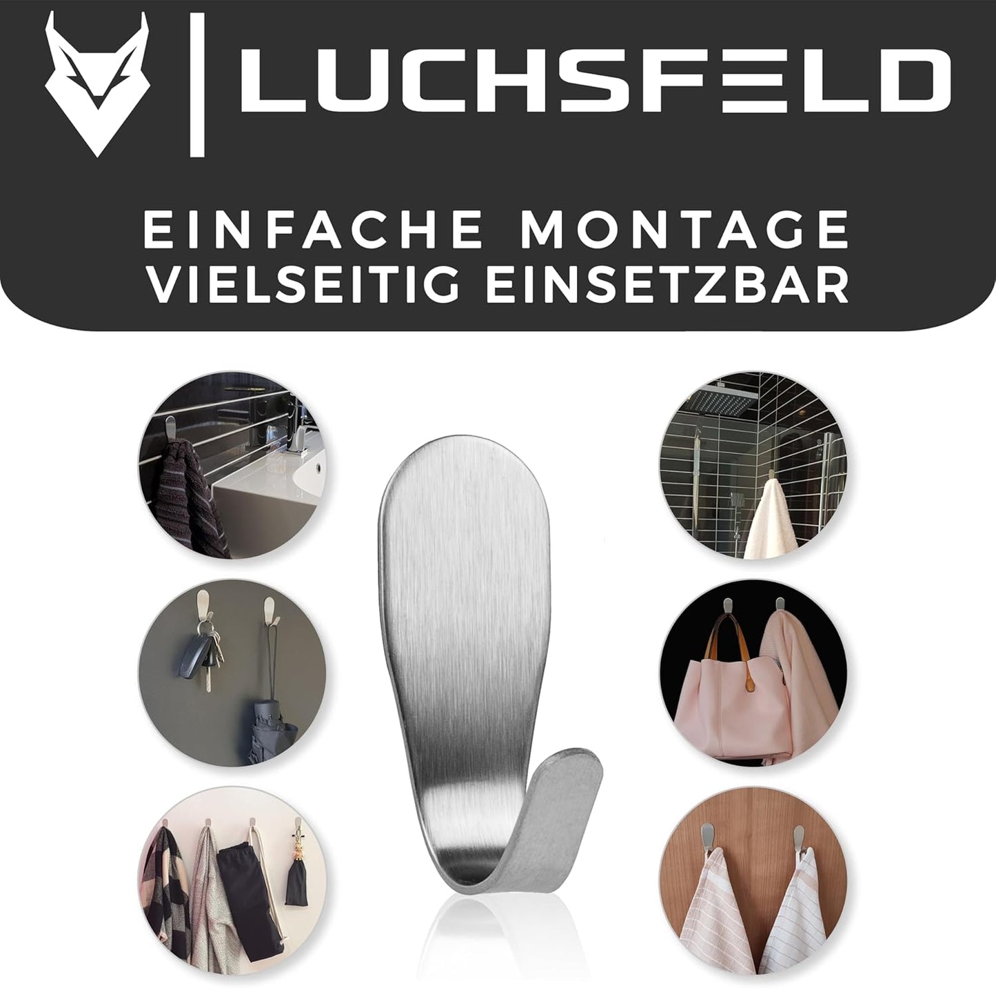 LUCHSFELD Set van 4 Zelfklevende RVS Handdoekhaken – 4,5 x 4,5 cm – Zilver – Voor Badkamer en Keuken