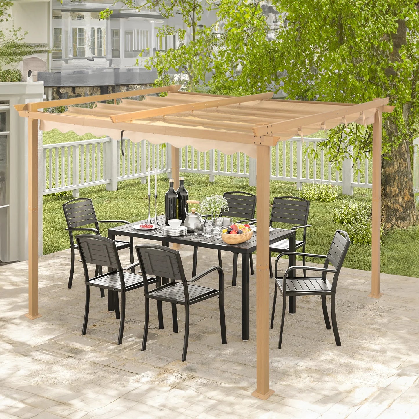 Angel Living Aluminium Pergola 3×3 m Crèmegeel – Uittrekbaar Dak UV50+, Stalen Dakbuizen, Poedercoating