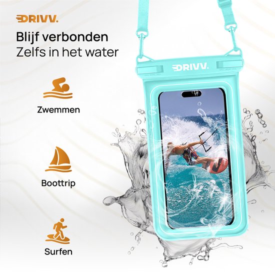 Drivv. Luxe Waterdicht Telefoonhoesje – Drijvend - Dubbele Klipsluiting - Telefoons tot 6.8 inch – Onderwater Hoesje Telefoon - Blauw