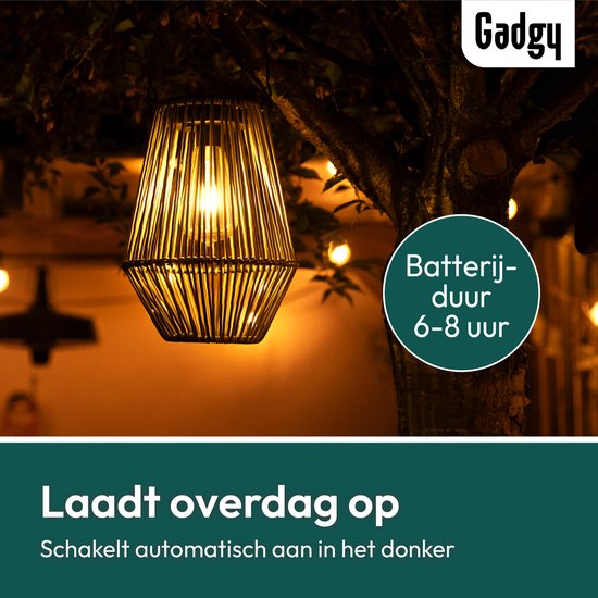 Gadgy Solar Tuinverlichting Rattan Beige - Tuinverlichting op Zonne Energie - Solar Tafellamp met USB-aansluiting - Buitenlamp Tuinbeeld - Tuinlantaarn met Dag/Nacht Sensor - Verlichting voor Buiten - Lantaarn Tuin