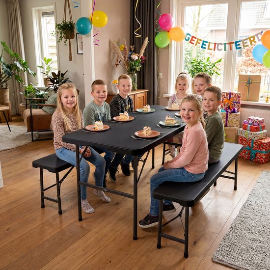 LifeGoods Inklapbare Picknickset - 124cm x 61,5cm - Tuintafel met 2 Banken - Weerbestendig - Campingtafel - Biertafel Opklapbaar - Voor Binnen en Buiten - Voor 4 tot 6 Personen - Zwart