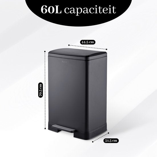 Bayt Prullenbak - Prullenbak 60 Liter - Pedaalemmer 60 liter - Vuilnisbak 60 liter - Afvalbak - Inclusief 2 rollen vuilniszakken - RVS - Zwart