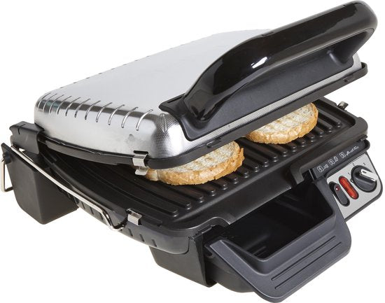 Tefal Ultra Compact 600 Comfort GC3060 Contactgrill - Barbecuestand - Regelbare temperatuur - Uitneembare Anti-aanbakplaten - Vet opvangbak - Verticaal opbergen - 2000W - RVS