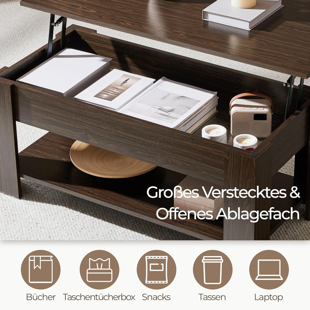 Yaheetech Salontafel 98 x 50 x 41,8 cm - Bruin - In Hoogte Verstelbaar - Uittrekbaar Tafelblad - Met Opbergruimte