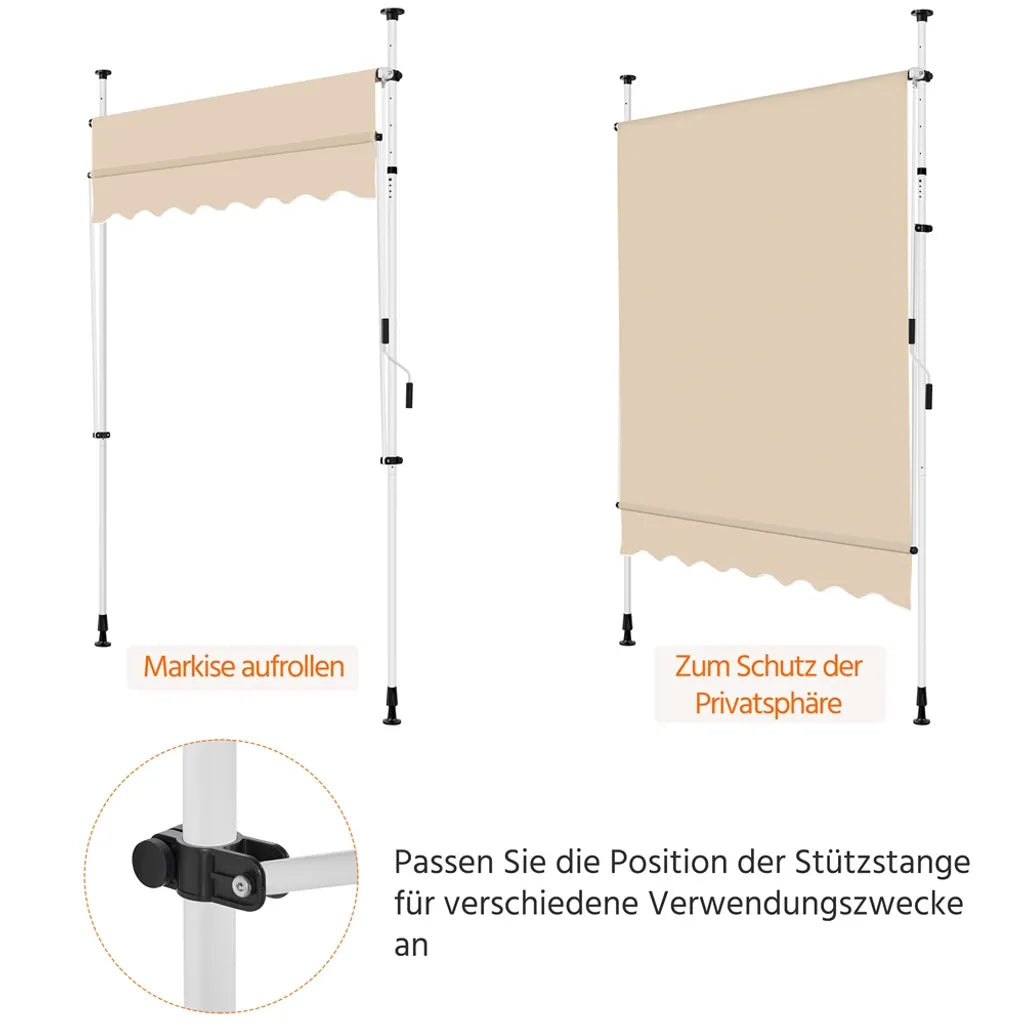 Yaheetech Balkon Zonnescherm 200 × 180 cm – Beige – Klemzonwering zonder Boren met Handzwengel en Verstelbare Hoogte 210–300 cm