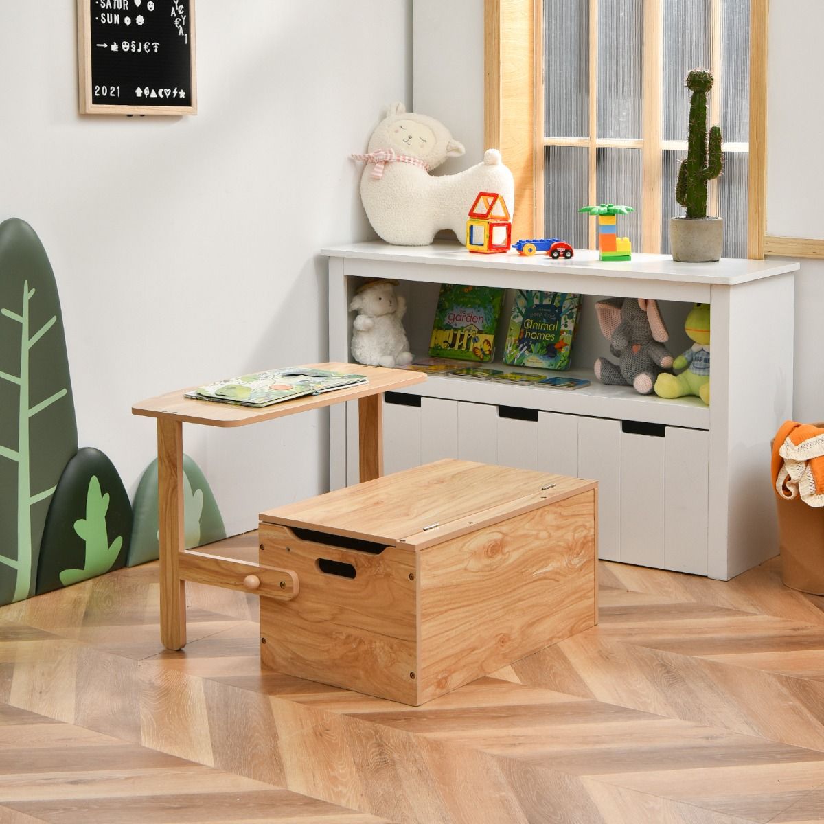 3 in 1 Kinderen Activiteitentafel met Bankje & Opbergbox – 60 x 56,5 x 43,5 cm – Natuurlijk