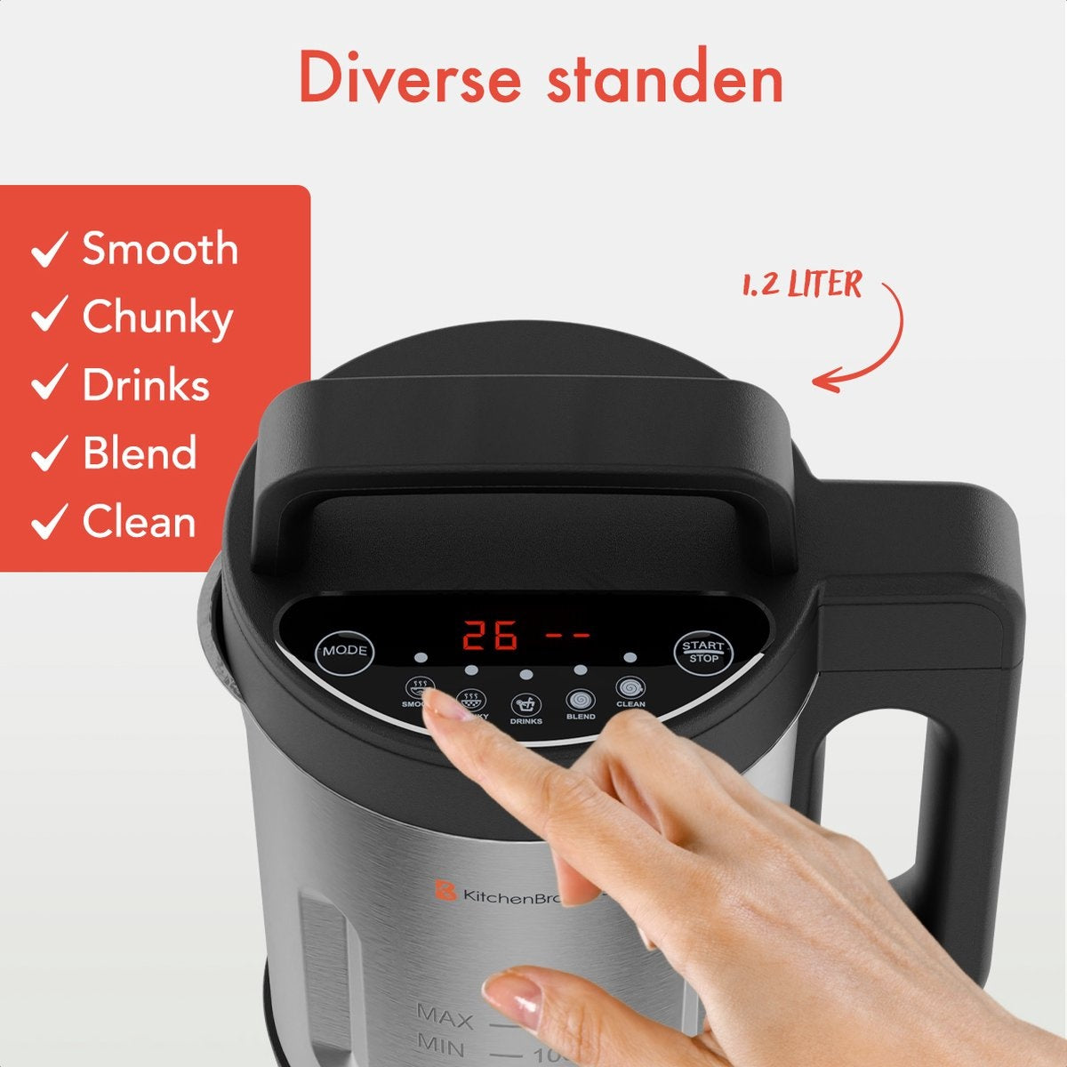 KitchenBrothers Soepmaker - Blender - tot 800W - 1.2L - RVS/Zwart