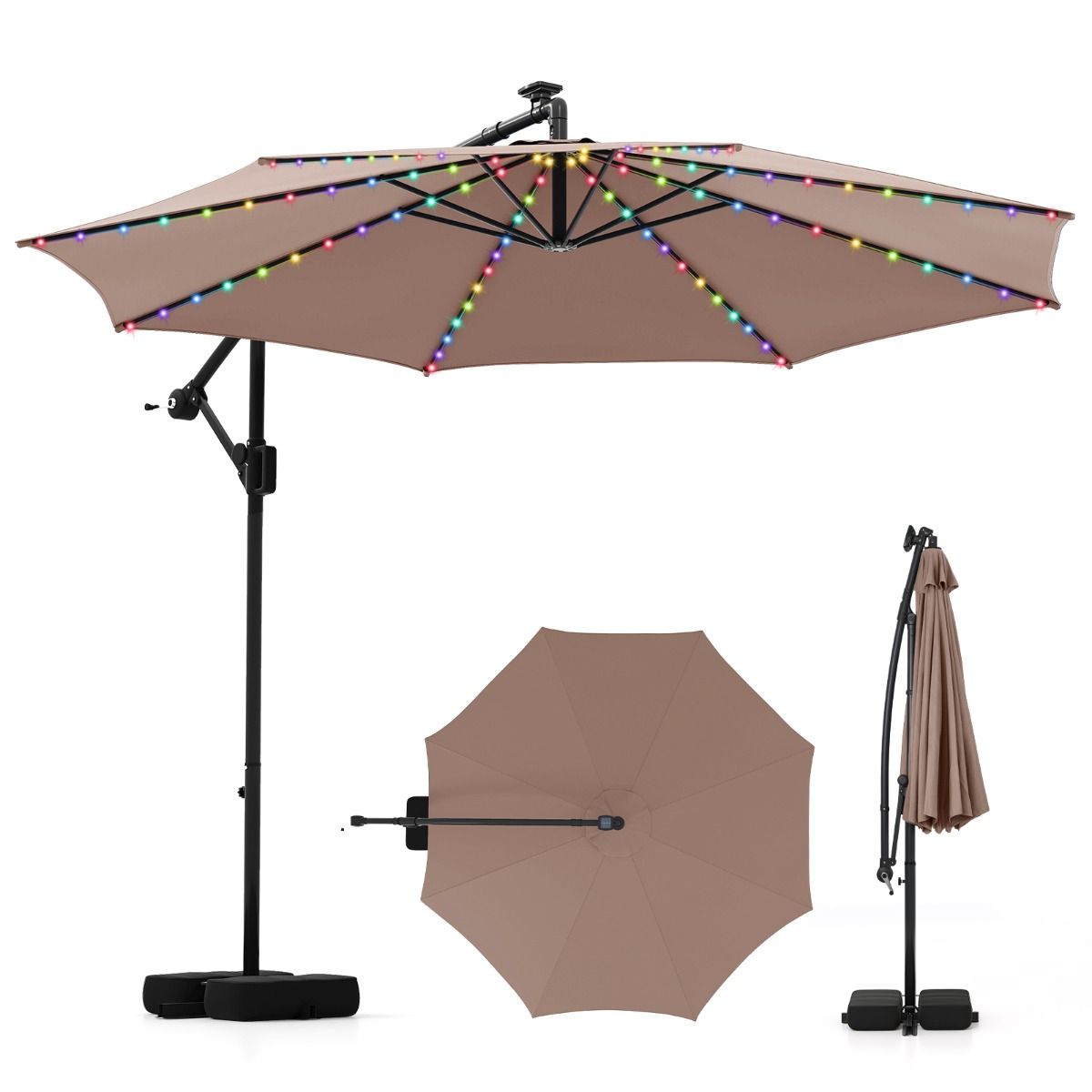Coast Zweefparasol met LED-verlichting - 9 verlichtingsmodi - met zandzakken en slinger - bruin - 300 x 260 cm