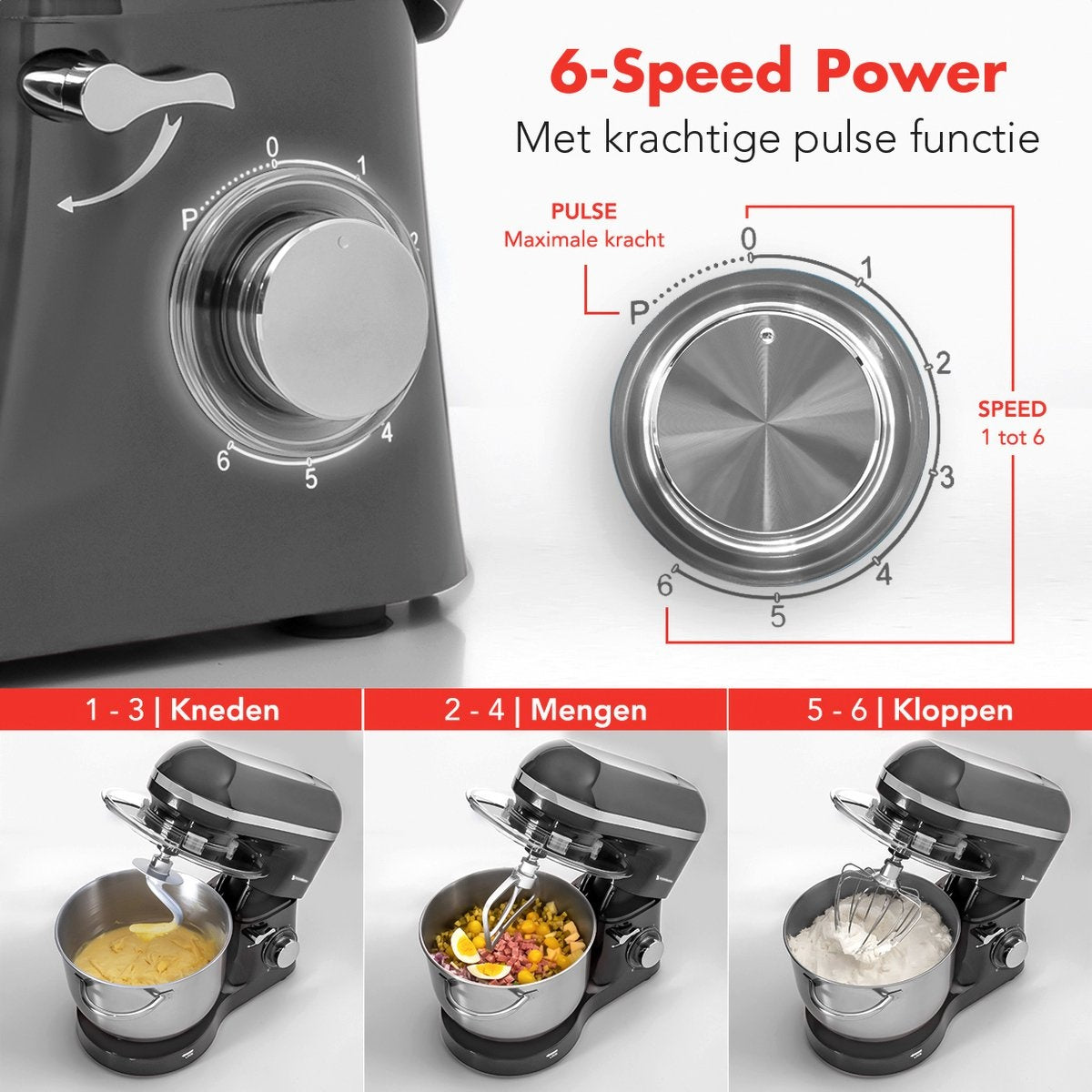 KitchenBrothers Keukenmachine - Keukenmixer met 6L RVS mengkom - Keukenrobot - 20000W - Antraciet