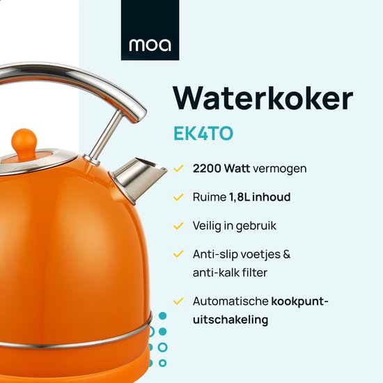 MOA Waterkoker Retro - 1,8L - Retro - 2200W - RVS - Oranje