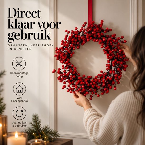 Mica Decorations Kerstversiering met Rode Besjes - Kerstkrans voor de Kerstsfeer in Huis - Ø50 cm van Foam Materiaal - Deurkrans voor Binnenshuis in de Kerstperiode - Rood