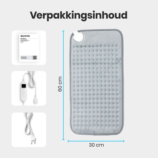 Auronic Warmtekussen Elektrisch - XXL - 60x30cm - Nek en Schouders - Wasbaar - Heating Pad - Elektrisch Kussen - Grijs