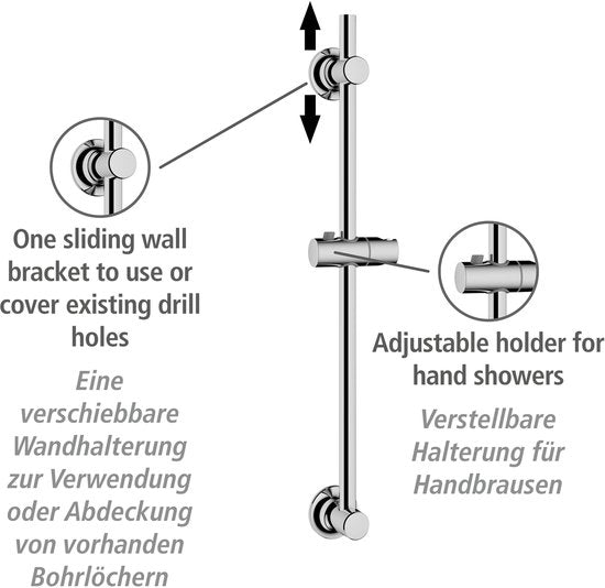 WENKO Douchestang RVS chroom, lengte 70cm, diameter 22mm, met douchekophouder en 2 wandsteunen - Glijstang chroom - Bevestigen zonder boren