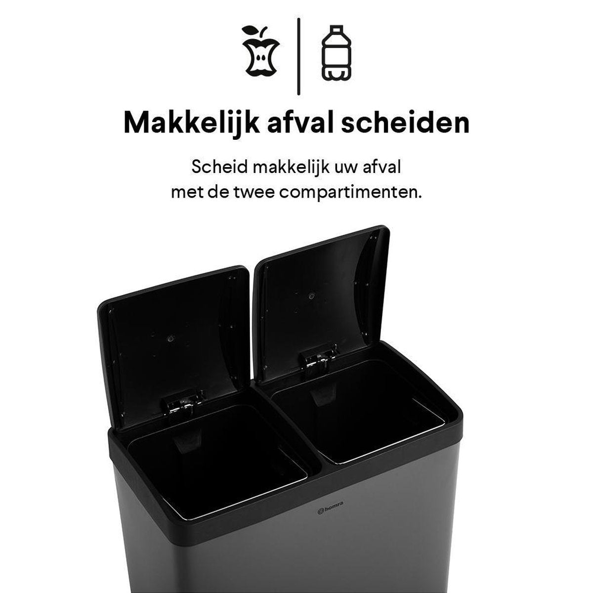 Homra NEVIQ Pedaalemmer 60 Liter - Grijze Prullenbak Afvalscheiding met 2 vakken - 2x30 L - 2-vaks Afvalemmer 60 Liter - Pedaal Vuilbak - Hygiënisch Afval scheiden - Grijze Duo Prullenbak - Dubbele Vuilnisbak