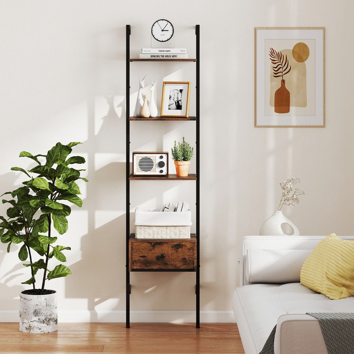 Coast Ladderboekenkast met lade - 5 lagen - metalen frame - rustiek bruin en zwart