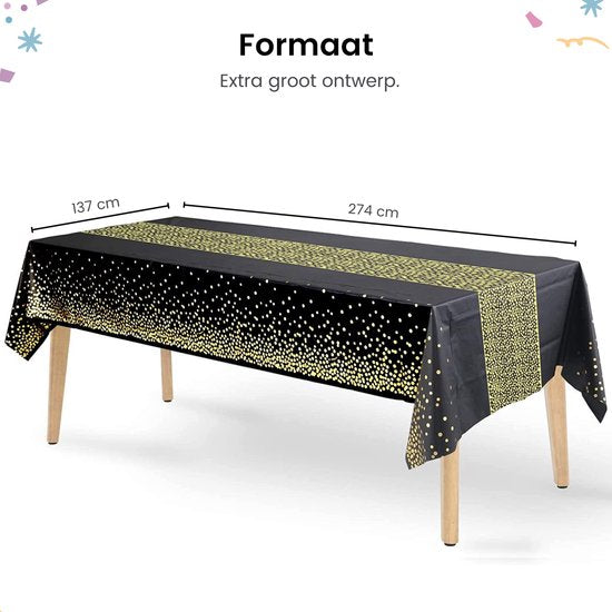 Partizzle 2x Plastic Wegwerp Tafelkleed - Verjaardag Feest Versiering - 50 Jaar Abraham Sarah Decoratie - Kerst Oud en Nieuw 2025 Artikelen / Nieuwjaar - Zwart en Goud - 274 x 137 cm