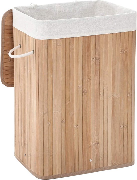 Songmics XL 72 Liter - Grote opvouwbare wasmand - bamboe - wasbare voering - 40 x 30 x 60 cm