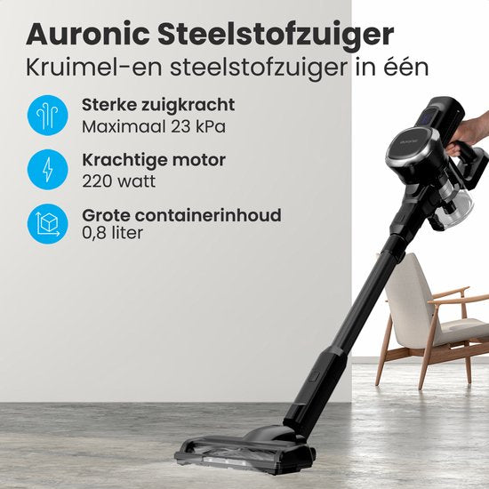 Auronic Steelstofzuiger Draadloos - 220W - Zelfstaande Steelstofzuiger - Zonder Zak - Vacuum Cleaner - Zwart