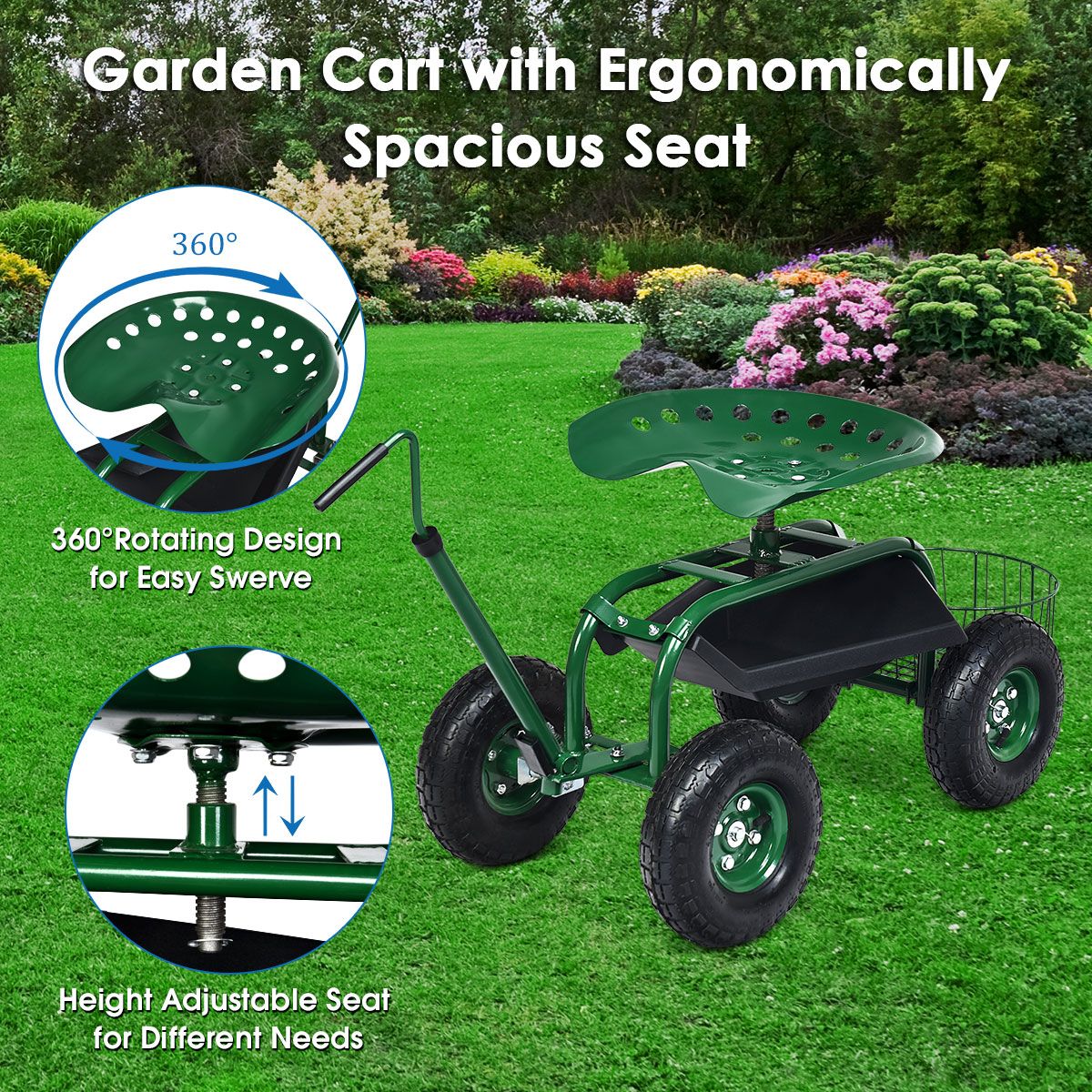 Coast Tuinwagen met opbergmand - in hoogte verstelbare handgreep - ergonomische zitting - groen