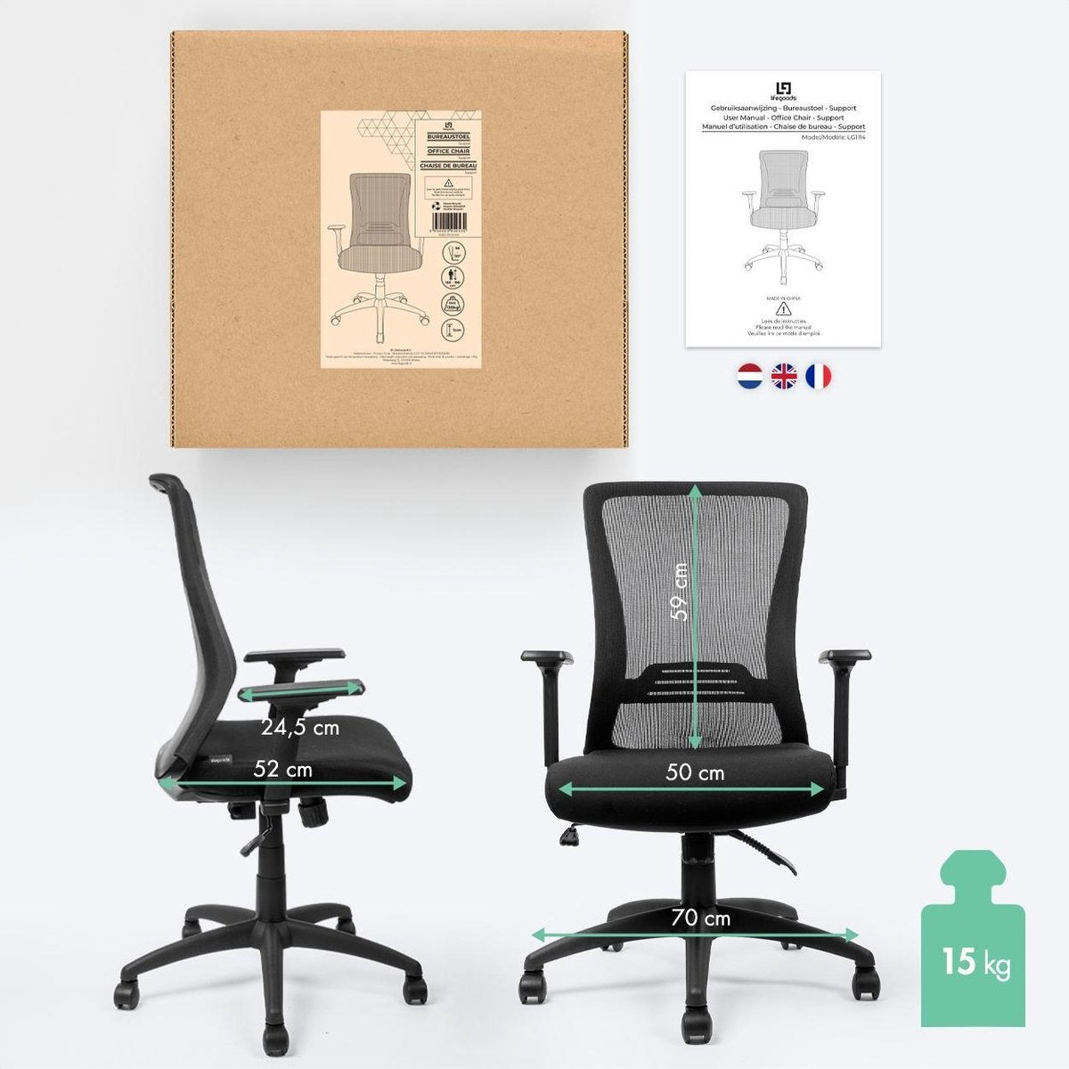 LifeGoods Ergonomische Bureaustoel - Office Chair - Verstelbaar - Volwassenen - Zwart