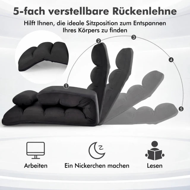 Coast Vloerfauteuil Zwart – Inklapbare Relaxstoel met Slaapfunctie – 175 x 55 x 20 cm