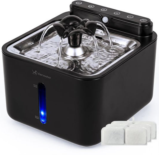 Viervoeter® Draadloze Drinkfontein RVS - Sensor Waterfontein voor Kat en Hond - Inclusief 3 filters - 3,2L - 30d batterijduur - Fluisterstil