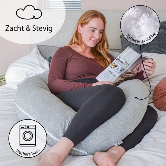 EL-Life Zwangerschapskussen XXL C-vorm - Zijslaapkussen - Lichaamskussen - Voedingskussen - Body Pillow - 150x70cm - Afneembare Jersey Katoenen Hoes, Lichtgrijs