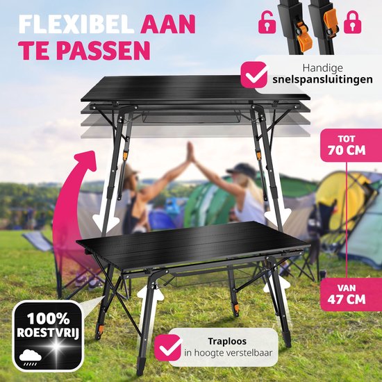 tectake®- Aluminium campingtafel kampeertafel - opvouwbaar - in hoogte verstelbaar - LxBxH: ca. 90x52x47cm - zwart - 404983