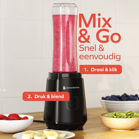 KitchenBrothers Mini Blender - Blender to Go - Smoothie Maker - 2 To-Go Bekers 600 ml - Zwart