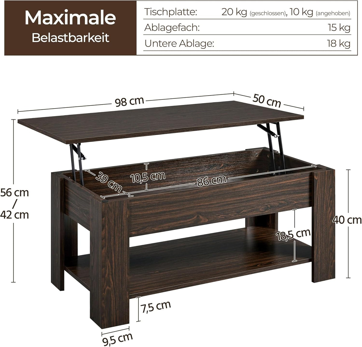 Yaheetech Salontafel 98 x 50 x 41,8 cm - Bruin - In Hoogte Verstelbaar - Uittrekbaar Tafelblad - Met Opbergruimte