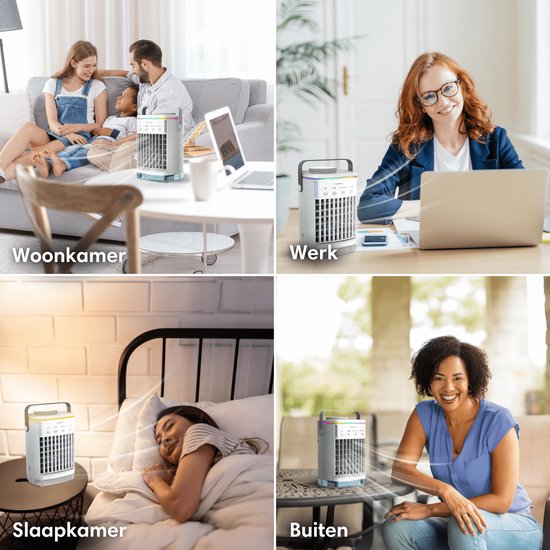 Vulpes Goods® Tech - Mini Airco PRO - Mobiele Airco - Luchtkoeler 4in1 - Aircooler - Tafelventilator - 4 windsnelheden, 2 luchtbevochtingsstanden & timer - Lekvrij - Wit