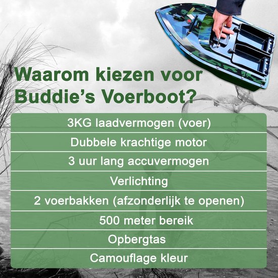 BUDDIE'S® Voerboot – 3KG Laadvermogen - 2 Voerbakken - Verlichting – 500 meter bereik – Opbergtas - Voerboot Karper – Baitboat – Karpervissen