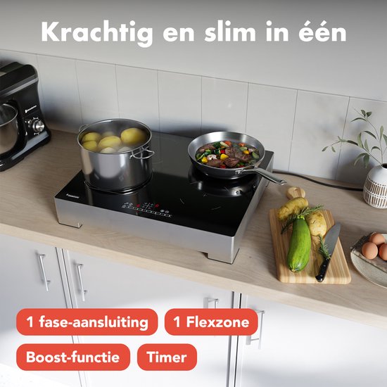 KitchenBrothers Inductie Kookplaat - Vrijstaande Inductieplaat - 60 cm - 4 Zones - 1x Flexzone - 1 Fase - Tot 3500W - Zilver/RVS