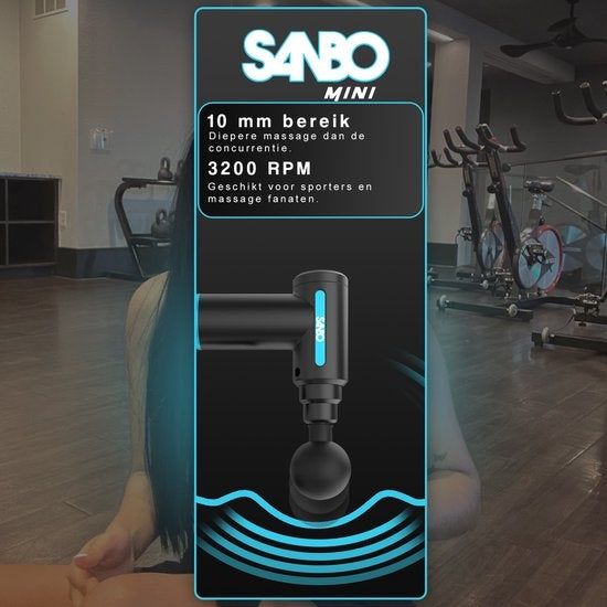 Sanbo Massage Gun Mini - Sport en Relax Massage apparaat - Krachtig - Draadloos - Inclusief Koffer - Met 5 opzetstukken - Zwart/Blauw - Massage Pistool Professioneel
