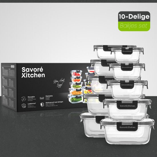 Savoré Kitchen Vershoudbakjes Set - Meal Prep Bakjes - Diepvriesbakjes Glas - Luchtdicht - 10 Stuks