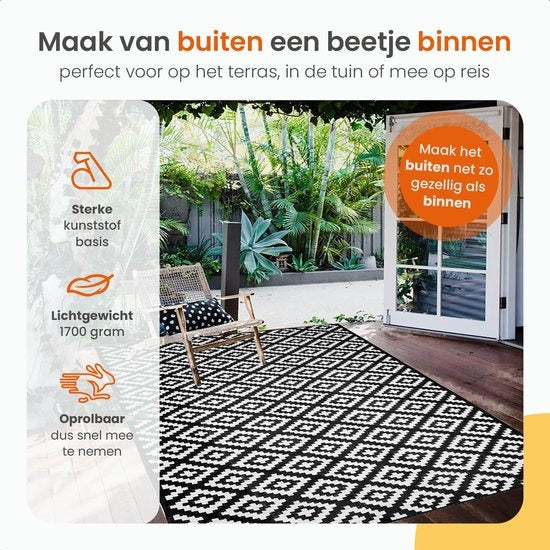 Goliving Buitenkleed Summer Diamond - 183x290CM - Tuintapijt - Buitentapijt - Vloerkleed - Tuinkleed - Omkeerbaar - Incl. Draagtas - Zwart/Wit