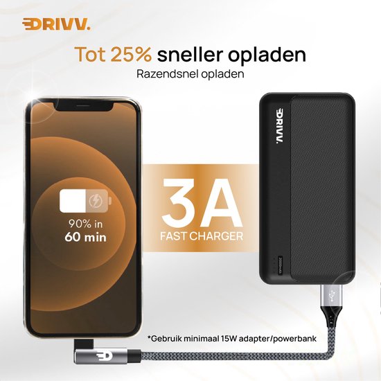 Drivv. USB naar USB C Kabel - Haaks - USB C Data en oplaadkabel - Fast Charge / Snellader - 3 Meter - Grijs