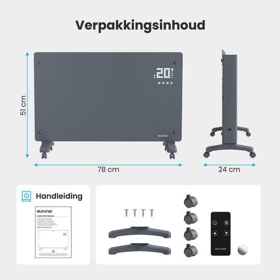 Auronic Elektrische Kachel – Convectorkachel met Thermostaat en Afstandsbediening - Glazen Paneelverwarming - 1000W Heater - Grijs