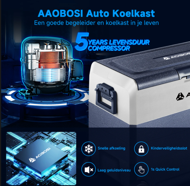 AAOBOSI 60L Compressor Koelbox Dual Zone - App-bediening - 12/24V & 230V - Zwart