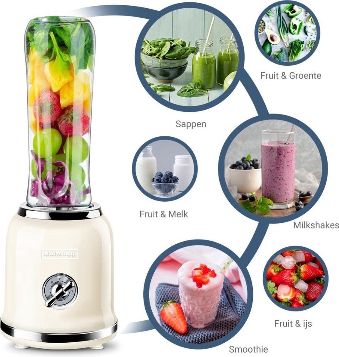 KitchenApp - Retro Blender - Inclusief twee flessen en meerdere accesoires - Beige