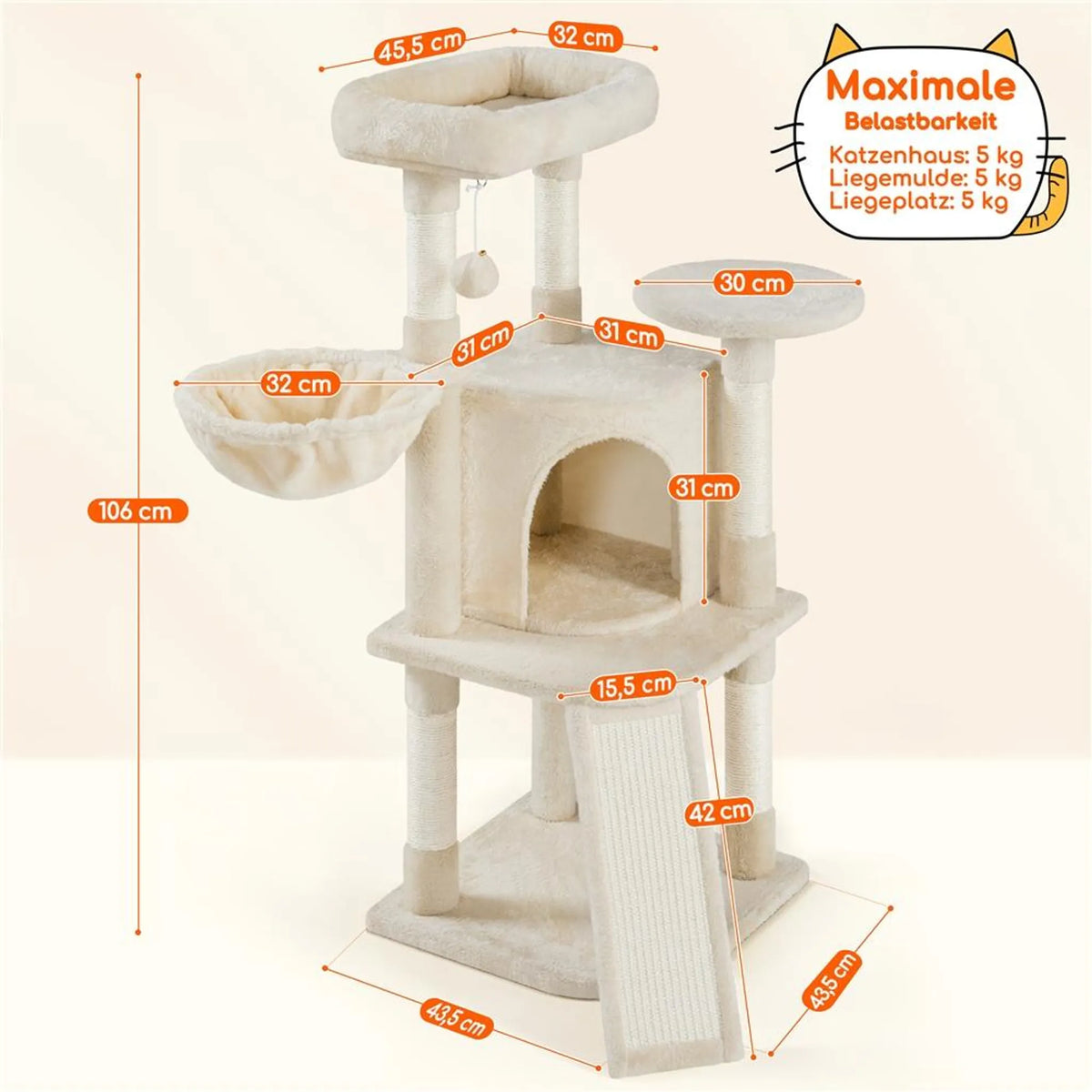 Yaheetech Krabpaal Middelgroot – 43,5 x 43,5 x 106 cm – Voorzien Van Royaal Uitkijkplatform En Hangmat En Kattenmand Met 5 Sisalpalen – Voor Kittens En Middelgrote Katten – Beige Pluche En Spaanplaat