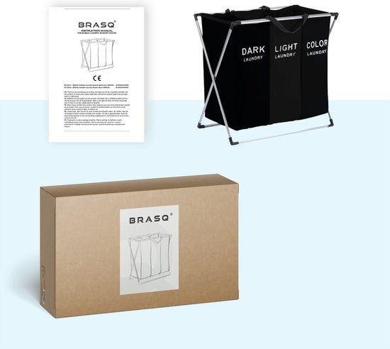 BRASQ Wasmand Opvouwbaar 3 vakken - Wassorteerder 65x39x60 cm - Wasbox Zwart - 118 Liter - Basket