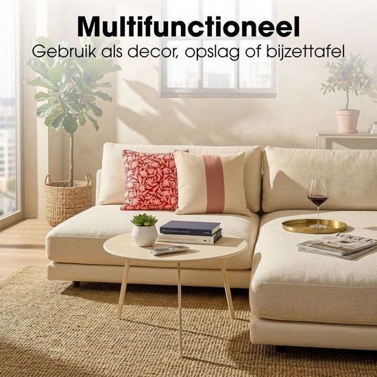 Mica Decorations Seatle Bijzettafel Rond voor Buiten - Koffietafel - Salontafel Buiten - Ook als Plantentafeltje of Plantenstandaard - Metaal - 38 x 61 cm - Creme