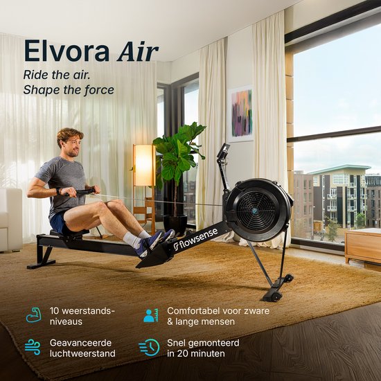 Flowsense Roeitrainer op Luchtweerstand – Professionele Roeimachine – 10 Weerstandsniveaus – Inklapbaar – Full Body Workout – Bluetooth App & LCD Monitor – Max. 200 kg – Roeitrainers - Voor Thuis & Sportschool