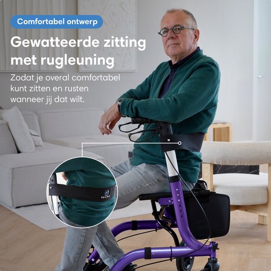 Safe Life® Rollator lichtgewicht en opvouwbaar - Rubberen wielen - zitfunctie - voor binnen en buiten - Rugleuning en wandelstok houder - Paars