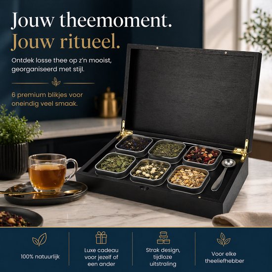 Grandlux Theedoos 6 vaks – Theedoos Losse Thee – RVS Lepel – 100% FSC Bamboe – 6 Theeblikken – Thee Organiser – Theebox – Zwart