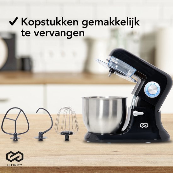 Infinity Goods Keukenmachine - Keukenmixer - 6,5L RVS Mengkom - Keukenrobot - Foodprocessor - Met Accessoires - 1600W - Zwart
