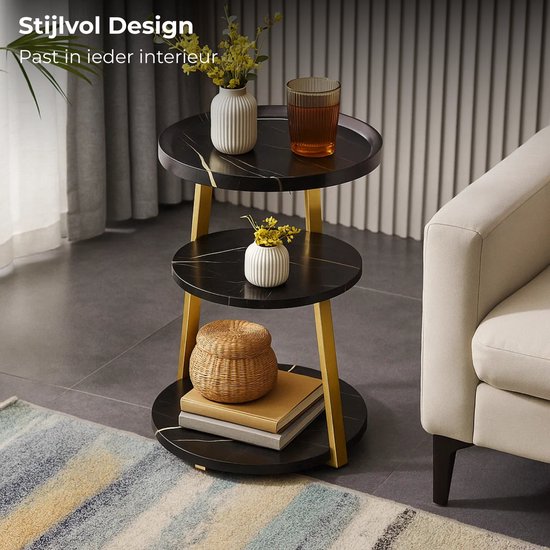 Lomera Moderne Bijzettafel - Zwart Goud - Goudkleurig Metalen Frame - Zwart Gemarmerd - Mdf Materiaal - Ronde Bijzettafel - Woonkamer Tafel - Luxe Design - Marmer Look - Veelzijdigheid & Flexibiliteit - Ruimtebesparend - Stelpootjes