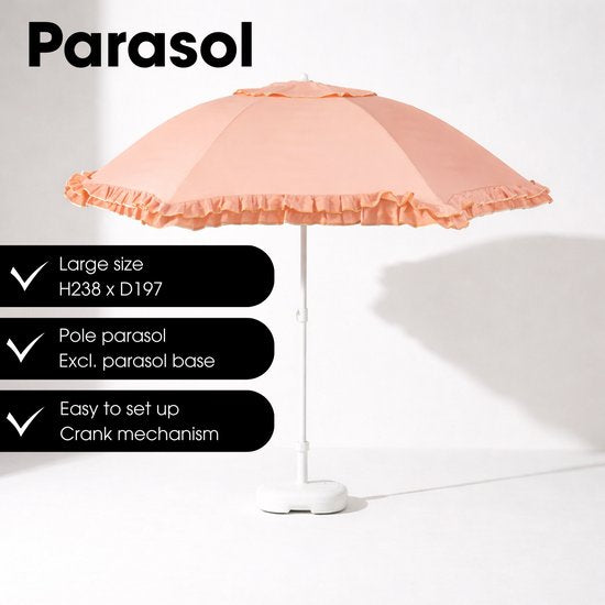 Mica Decorations Kantelbare Parasol met Ruches - Stokparasol 238 x Ø195 cm - Tuin of Balkonparasol - Polyester, Staal - Perzik
